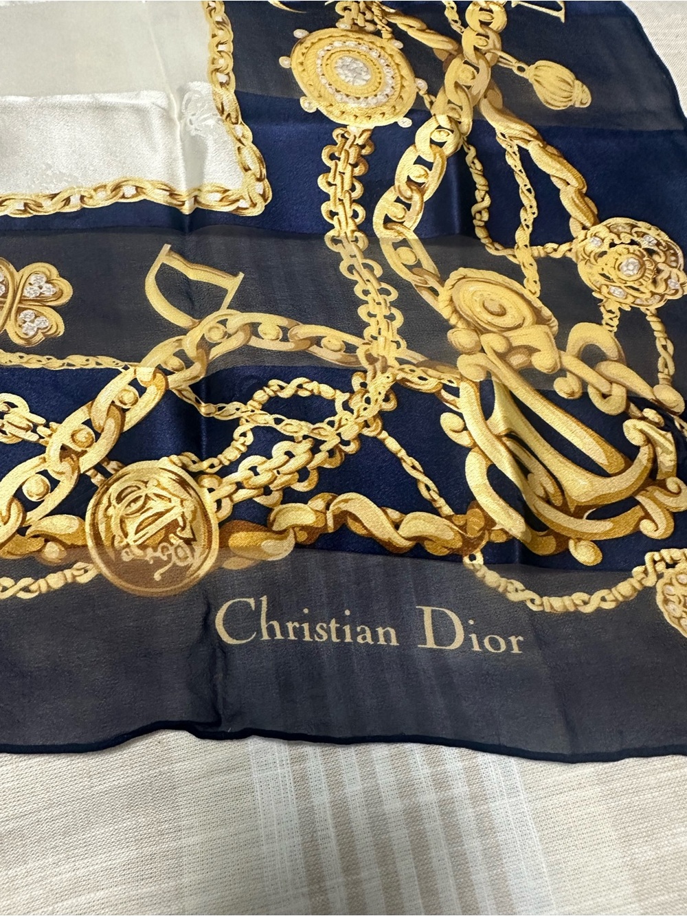Dior Navy & Gold Chain Print Silk Scarf